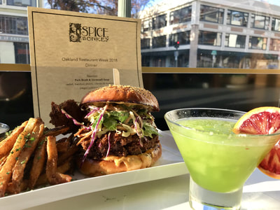 Chicken Sandwich, Fries, and Jalapeno Sorbet Cocktail, by Spice Monkey Restaurant
